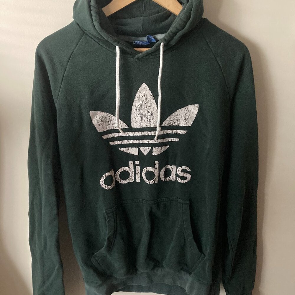Adidas Essential Unisex Dark Gren Trefoil Logo Pullover Fleece Hoodie, M
